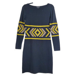 Tahari Womens XS Wool Knit Long Sleeve Tunic Sweater Dress Black Aztec Print‎